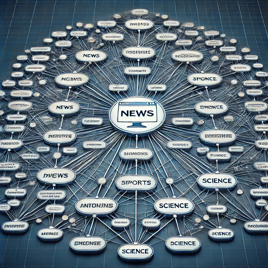 A network of nodes around the concept of news, a mesh of words that are all linked together to the concept of what news means. AI generated, difficult to read text